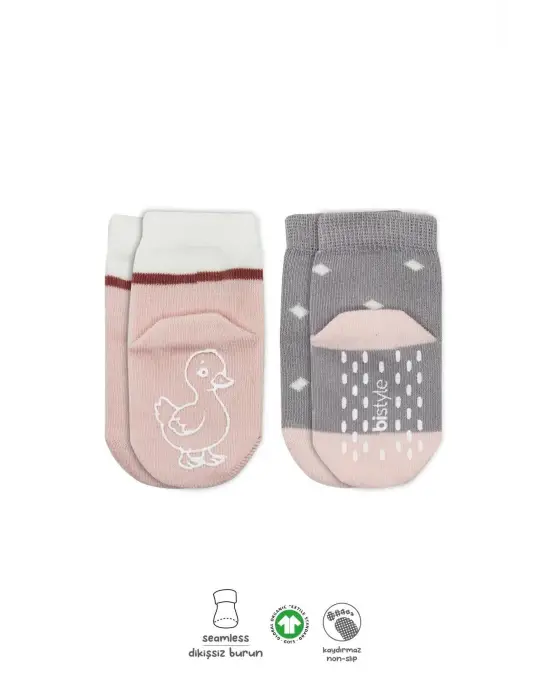 Omarı Sihirli Kaydırmaz Hayvan Desenli Kız Çorapları 2li Set - Gri