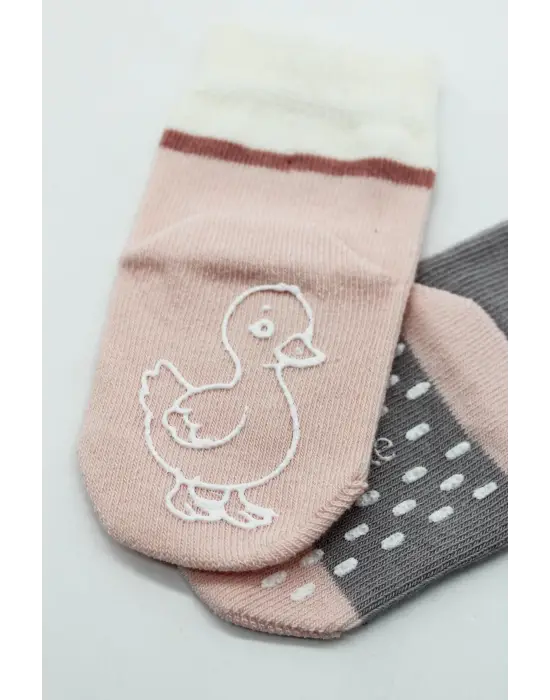 Omarı Sihirli Kaydırmaz Hayvan Desenli Kız Çorapları 2li Set - Gri