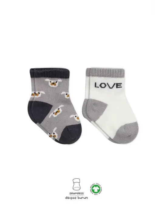 Omarı Sevimli Köpek Desenli Penye Çorap Seti - Gri