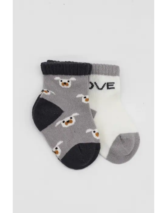 Omarı Sevimli Köpek Desenli Penye Çorap Seti - Gri