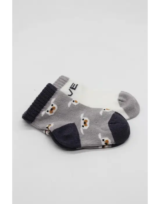 Omarı Sevimli Köpek Desenli Penye Çorap Seti - Gri