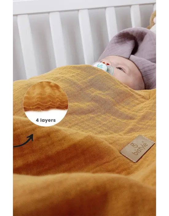 Omarı Hafif Dokulu Müslin Battaniye 120x120 cm - Hardal Rengi