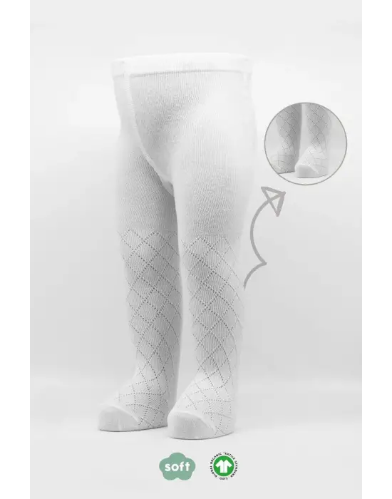 Omarı Tekli Ekose Kabartma Penye Külotlu Çorap - Beyaz