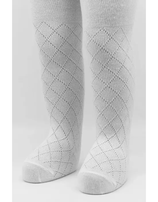 Omarı Tekli Ekose Kabartma Penye Külotlu Çorap - Beyaz