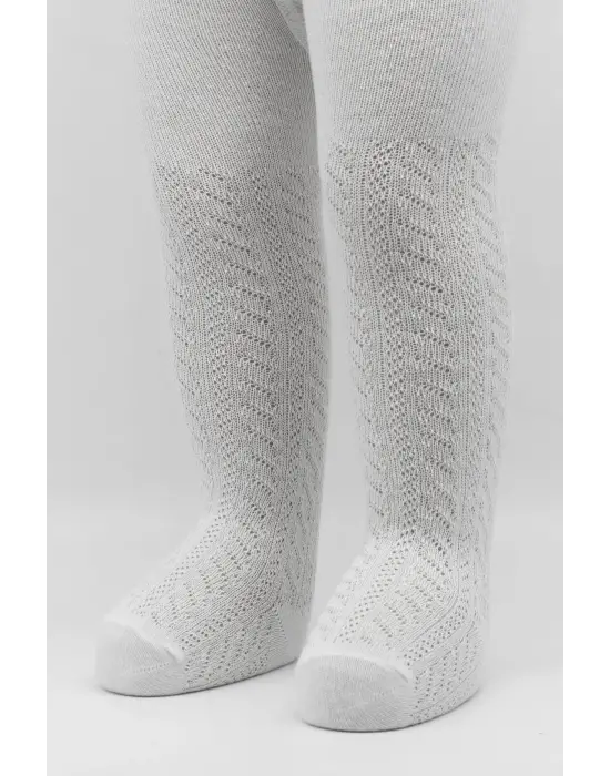 Omarı Zikzak Desenli Penye Külotlu Çorap - Beyaz
