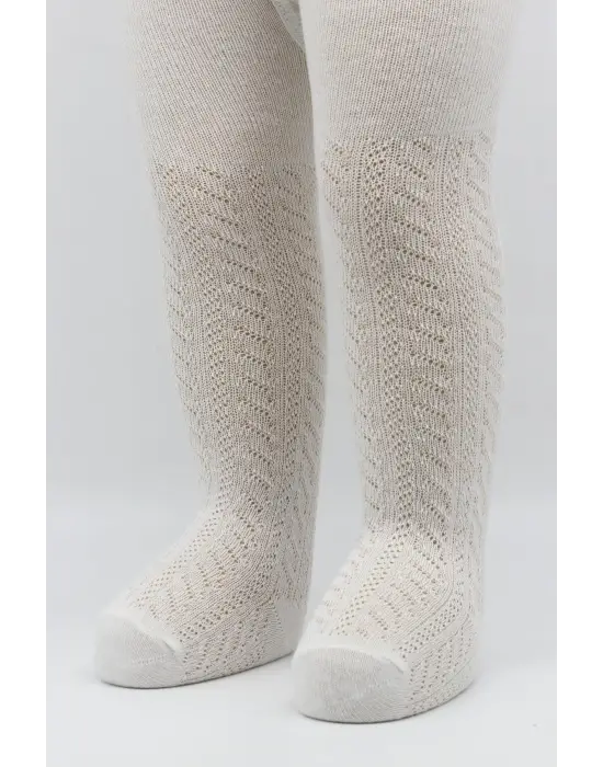 Omarı Yüksek Kaliteli Zikzak Desenli Penye Külotlu Çorap Ekru