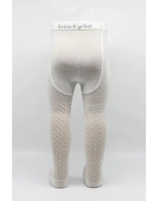 Omarı Yüksek Kaliteli Zikzak Desenli Penye Külotlu Çorap Ekru