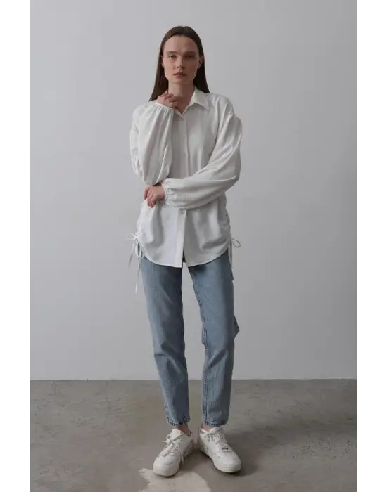 Biye Detaylı Ayrobin Gömlek - Beyaz