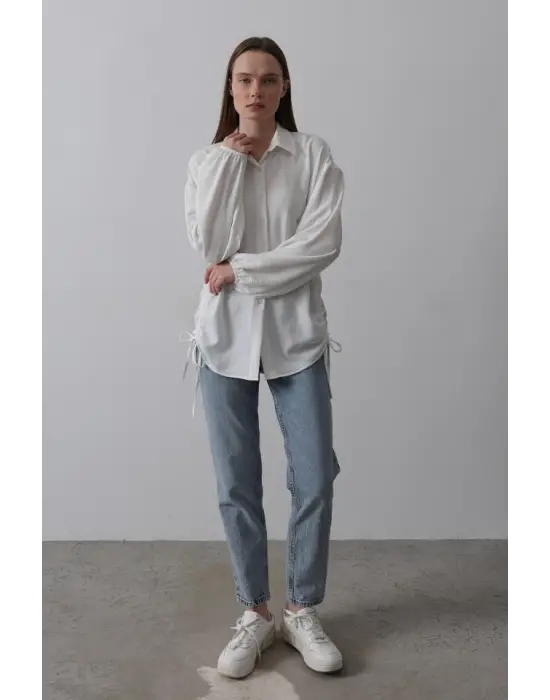 Biye Detaylı Ayrobin Gömlek - Beyaz