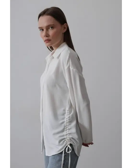 Biye Detaylı Ayrobin Gömlek - Beyaz
