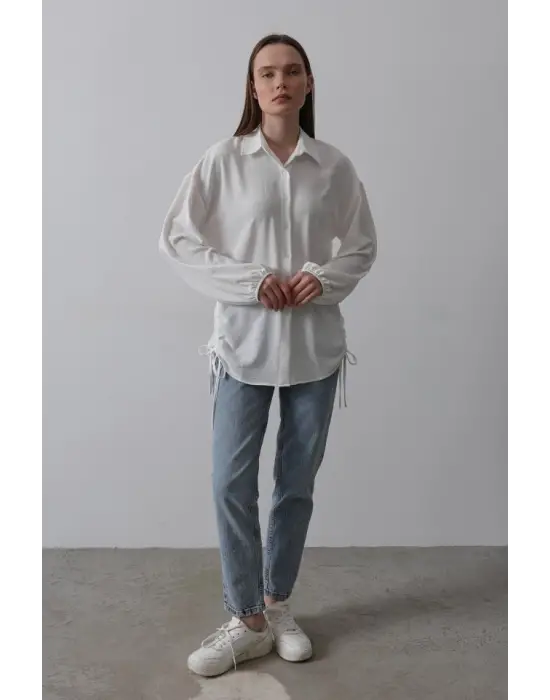 Biye Detaylı Ayrobin Gömlek - Beyaz