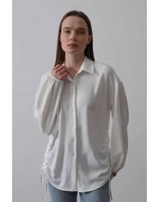 Biye Detaylı Ayrobin Gömlek - Beyaz