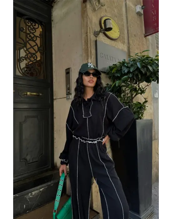 Omarı İşlevsel Şönil Bluz Pantolon Takım - Siyah