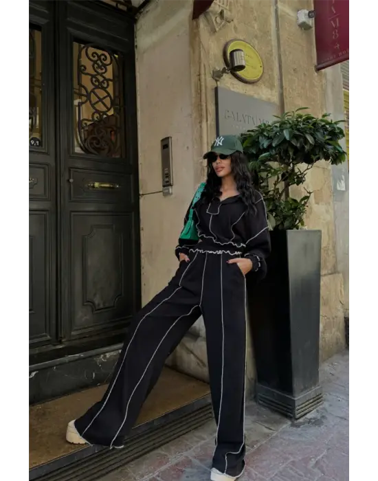 Omarı İşlevsel Şönil Bluz Pantolon Takım - Siyah