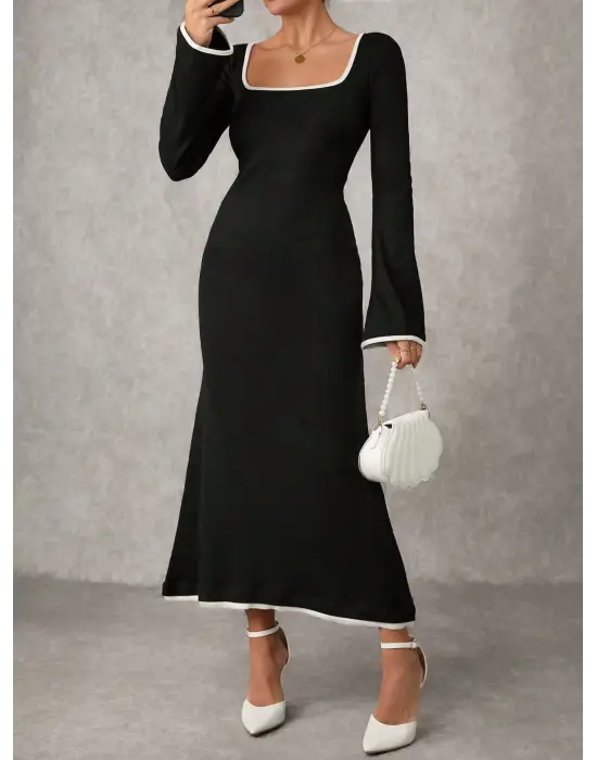 Biyeli uzun elbise siyah