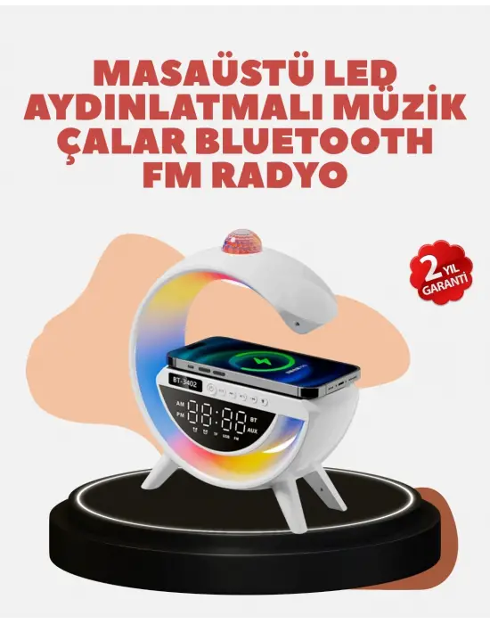 Bluetooth 5.0 Kablosuz Şarj Rampalı Fm Radyo Ve Rgb Işıklı Hoparlör