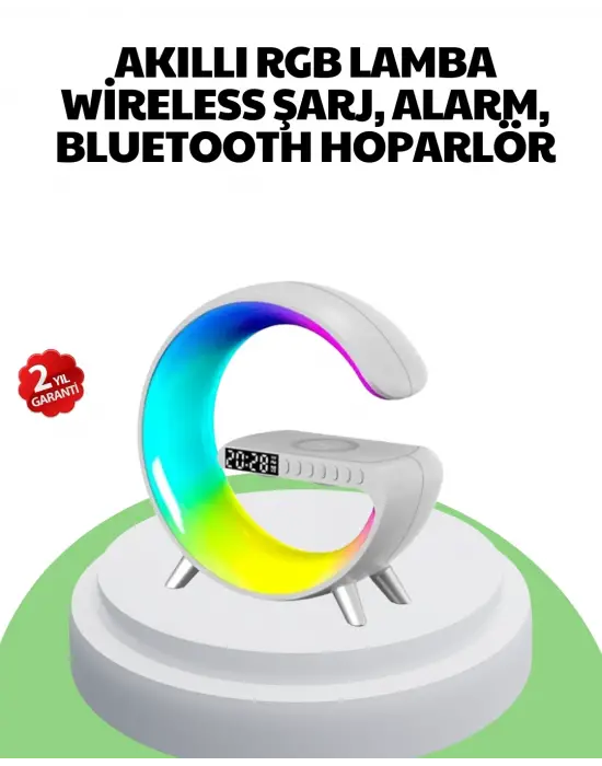 Bluetooth Hoparlörlü Rgb Atmosfer Lambası Kablosuz Şarj Ve Saat Özellikli