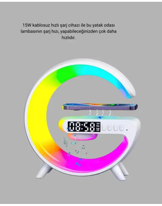 Bluetooth Hoparlörlü Rgb Atmosfer Lambası Kablosuz Şarj Ve Saat Özellikli