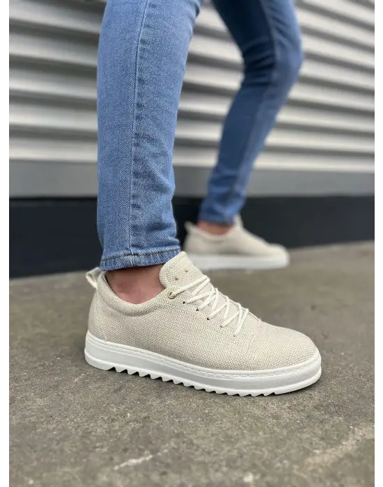 Trend Bağcıklı Erkek Keten Spor Ayakkabı - Beyaz