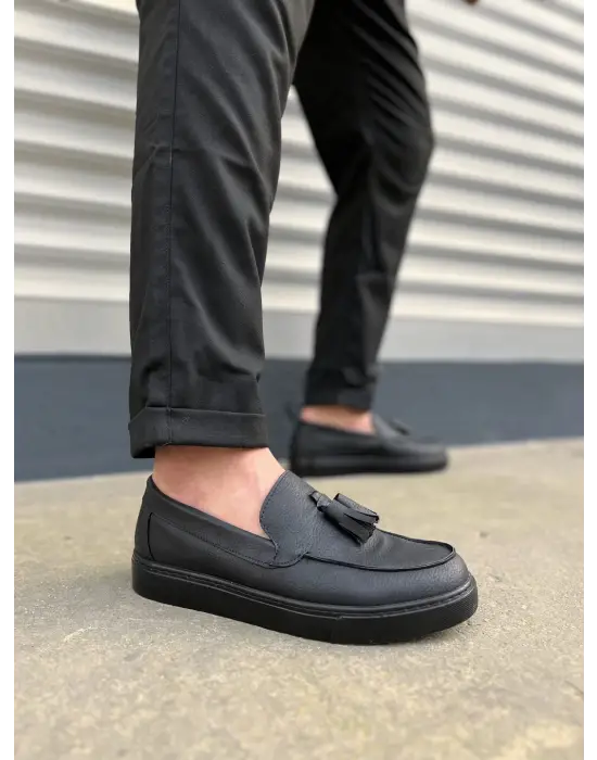 Omarı Püsküllü Cilt Erkek Günlük Spor Ayakkabı - Siyah