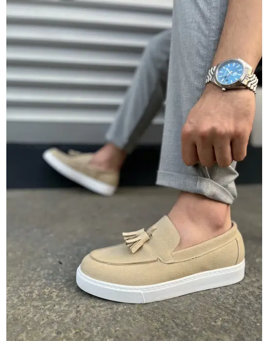 Omarı Püsküllü Süet Erkek Günlük Spor Ayakkabı - Krem