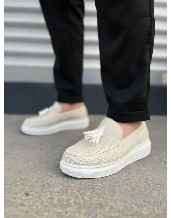 Omarı Püsküllü Keten Erkek Günlük Spor Ayakkabı - Beyaz