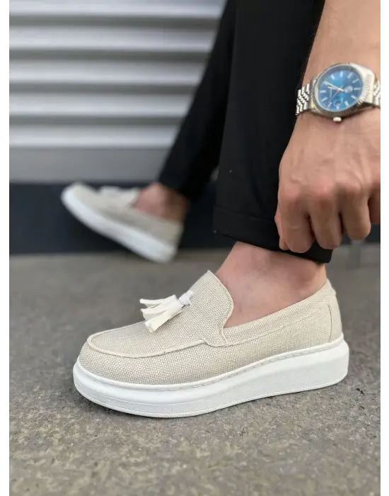 Omarı Püsküllü Keten Erkek Günlük Spor Ayakkabı - Beyaz