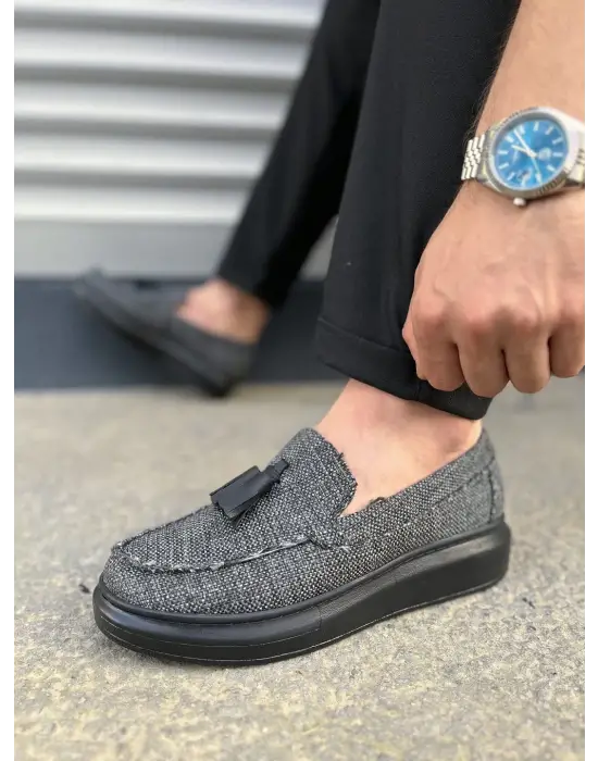 Omarı Püsküllü Gri Keten Erkek Günlük Spor Ayakkabı