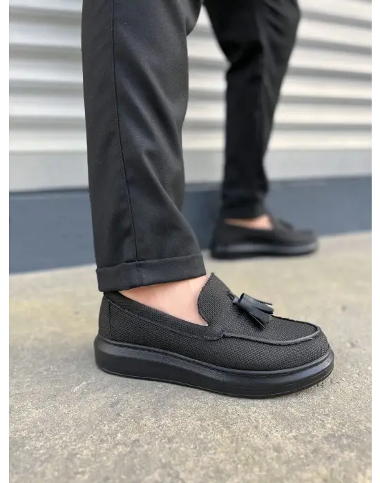 Omarı Siyah Keten Erkek Günlük Ayakkabı Püsküllü Moda Trendi