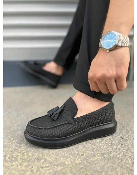 Omarı Siyah Keten Erkek Günlük Ayakkabı Püsküllü Moda Trendi