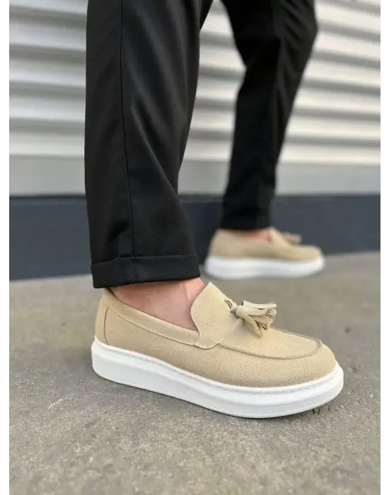 Omarı Püsküllü Süet Erkek Günlük Spor Ayakkabı - Krem