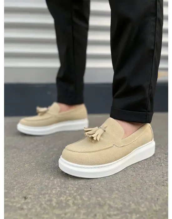 Omarı Püsküllü Süet Erkek Günlük Spor Ayakkabı - Krem