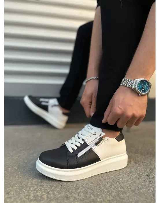 Omarı Fermuarlı ve Bağcıklı Erkek Günlük Spor Ayakkabı - Beyaz/Siyah