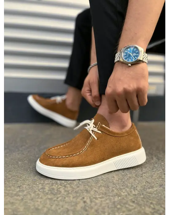 Modern Bağcıklı Süet Erkek Spor Ayakkabı - Taba