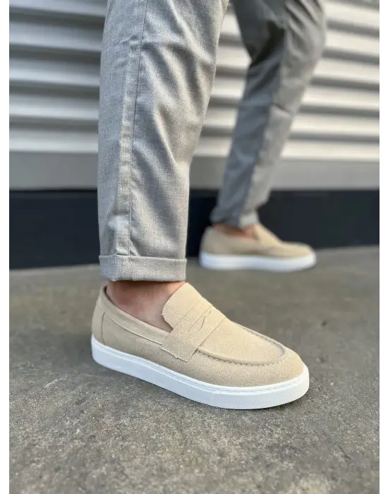 Omarı Yumuşak Süet Erkek Günlük Slip-on Ayakkabı - Krem