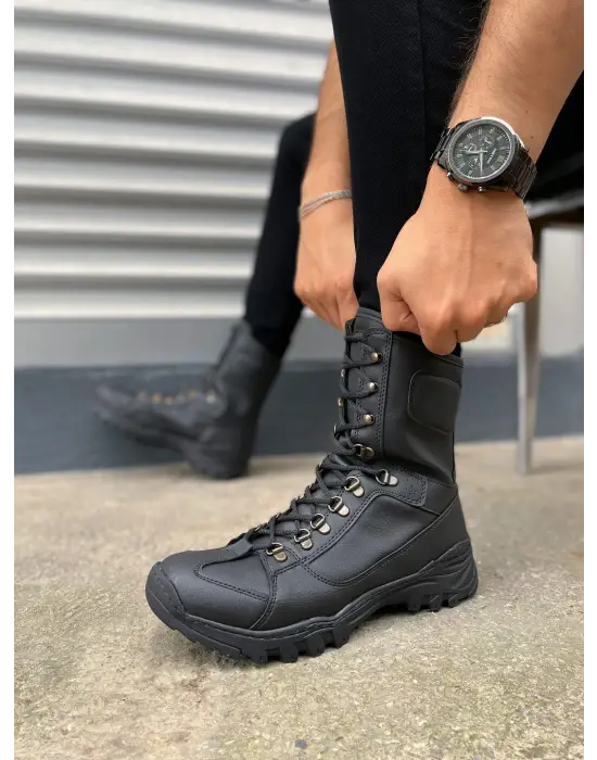 BN999 Strike Bağcıklı Rahat tabanlı ayakkabı Tabaan Günlük Cilt Erkek Askeri Postal Bot CGünlük Şık Siyah