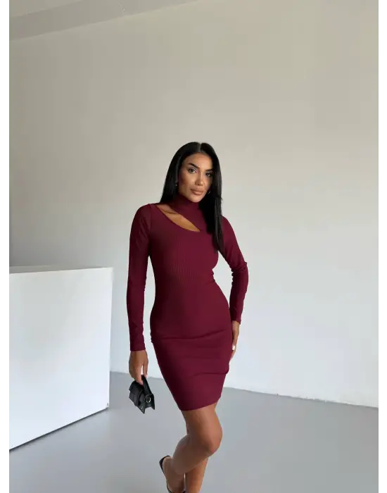 Boğazlı gögüs dekolteli elbise bordo f2333
