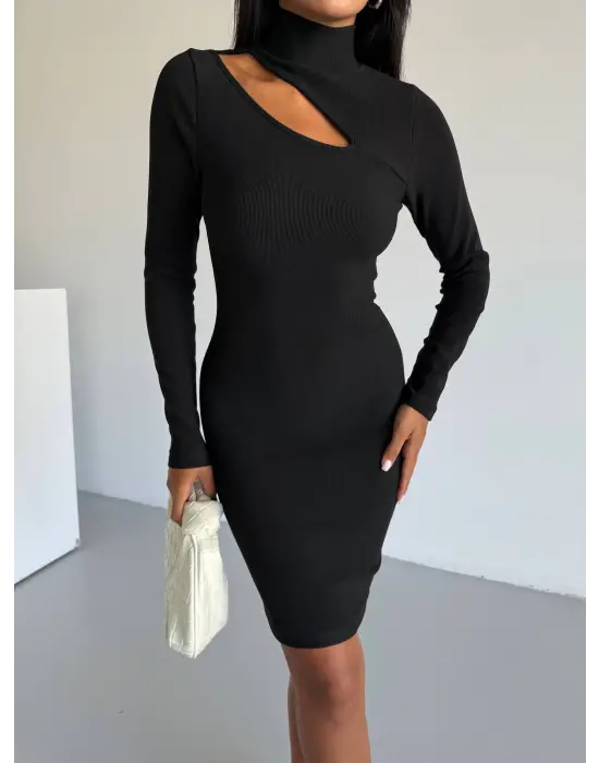 Boğazlı gögüs dekolteli elbise siyah f2333