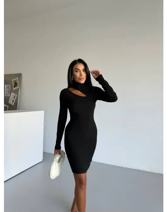 Boğazlı gögüs dekolteli elbise siyah f2333