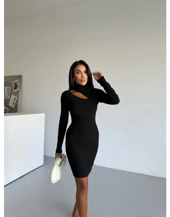 Boğazlı gögüs dekolteli elbise siyah f2333
