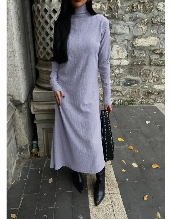 Boğazlı kalın bürümcük uzun elbise gri