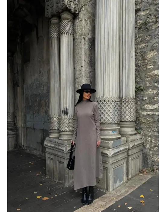 Boğazlı kalın bürümcük uzun elbise vizon