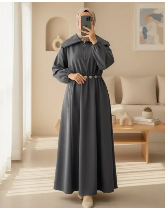 Modern Beli Büzgülü Kemerli   Elbise