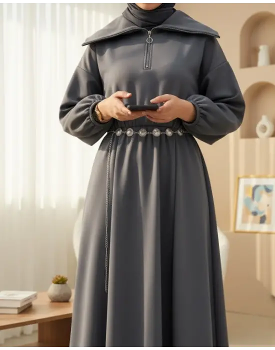 Modern Beli Büzgülü Kemerli   Elbise