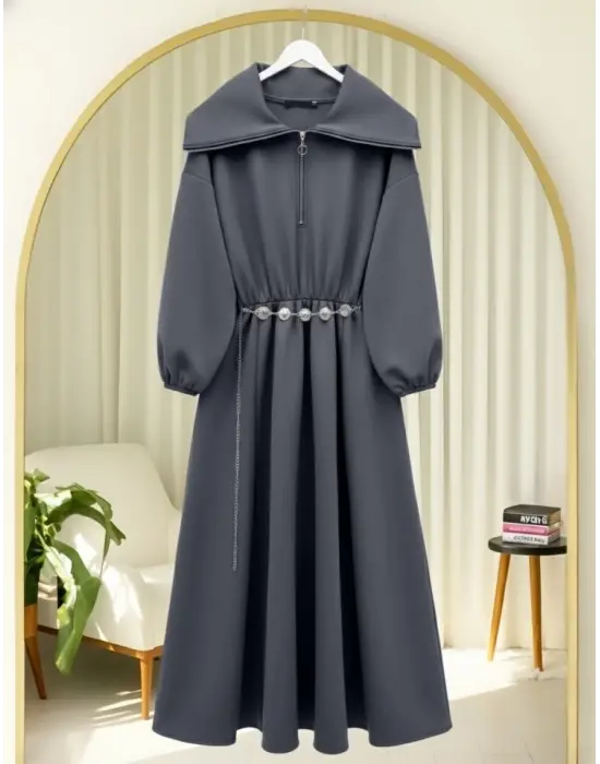 Modern Beli Büzgülü Kemerli   Elbise