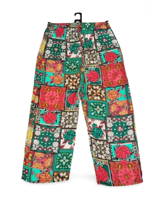 Omarı Etnik Desenli Geniş Paça Viskon Pantolon