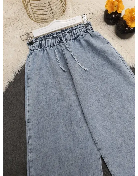 Bol Paça Beli Lastikli Bağcık Detaylı Kot Pantolon      -Buz Mavi