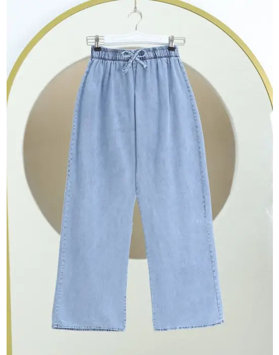Bol Paça Beli Lastikli Bağcık Detaylı Kot Pantolon      -Buz Mavi