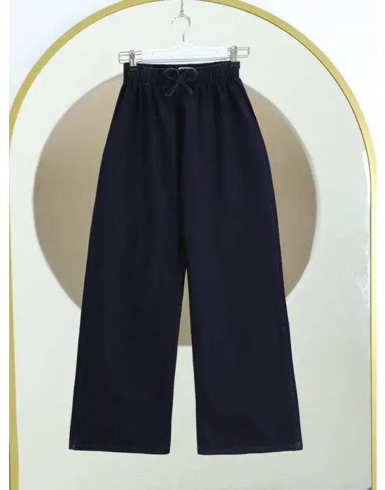 Bol Paça Beli Lastikli Bağcık Detaylı Kot Pantolon     -K.Laci