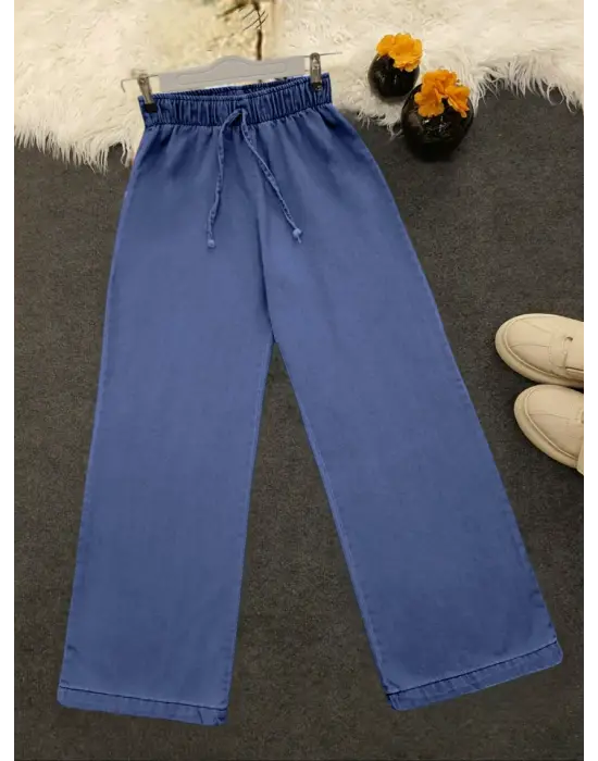 Bol Paça Beli Lastikli Bağcık Detaylı Kot Pantolon  -Koyu Mavi